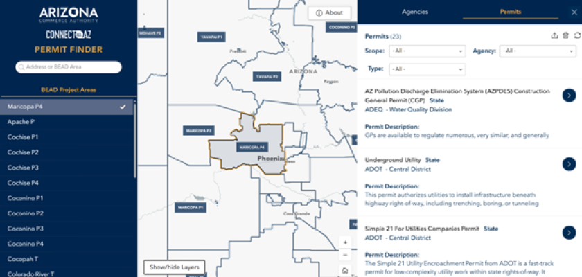 Screenshot of Arizona Permit Finder, with locations on the left as a list, a map in the middle, and applicable agencies on the right. Navy and white and yellow colors.