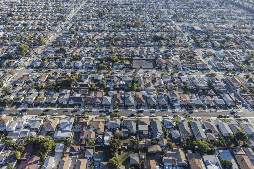Aerial view of a dense suburban neighborhood in Los Angeles County, Calif.