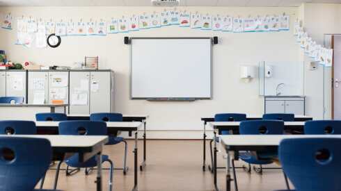 An empty school classroom.