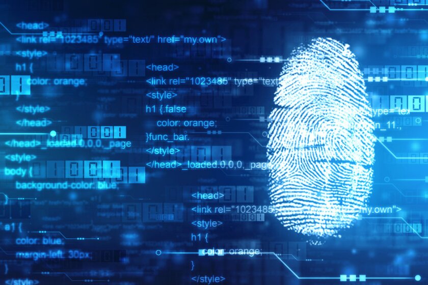 A finger print surrounded by lines of code, all in blue.