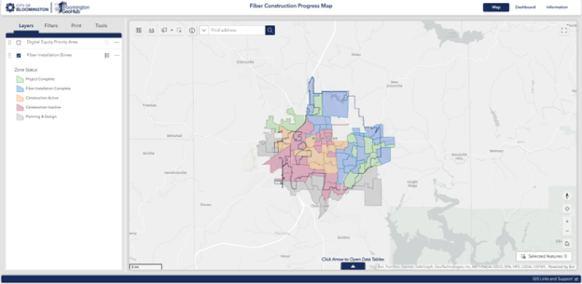 Screenshot of Bloomington, Indiana's Fiber Construction Progress Map. The map highlights different areas with blue, green, yellow, red, and gray. The map can be found at https://bton.in/fiber