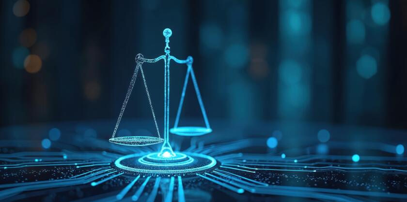 A set of scales formed by bright cyan blue dots against a black background.