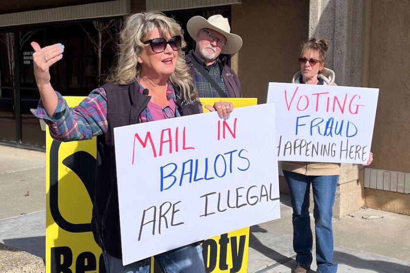 Protestors in front of the Shasta County clerk’s office during a February 2022 recall election.