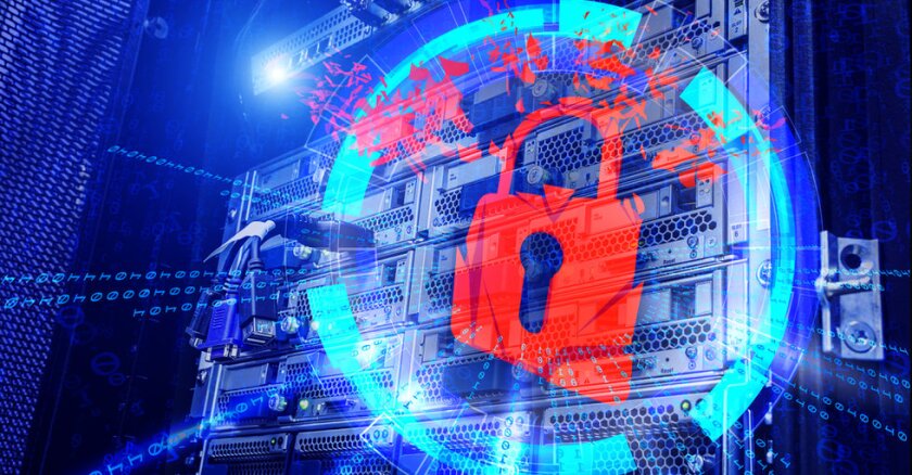 Illustration of a red broken lock with a row of data servers behind it.