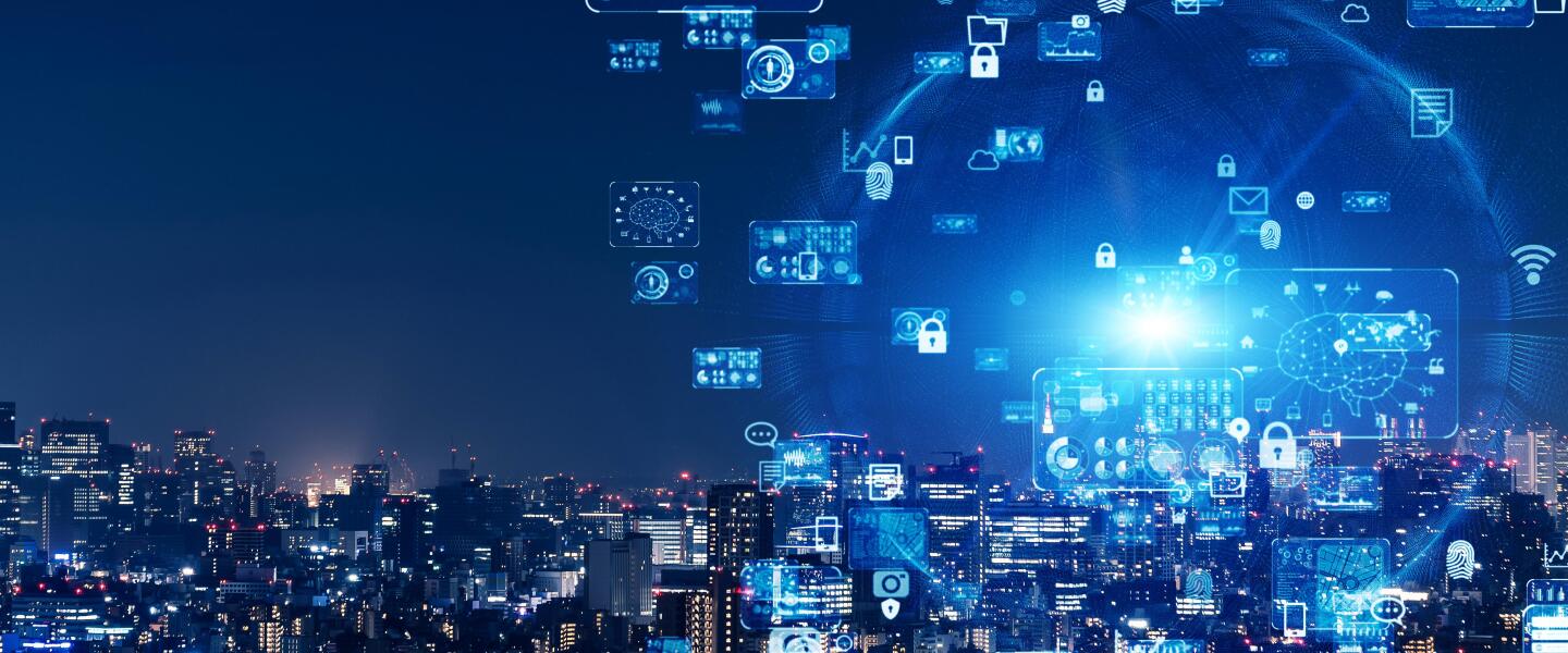 Smart city and communication network concept. 5G. IoT (Internet of Things). Telecommunication.
