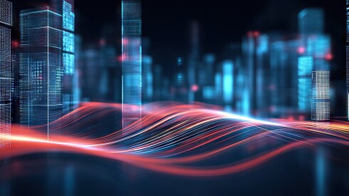 Abstract illustration of a cityscape in bright cyan blue against a dark background with bright orange waves running through it to indicate connectivity.