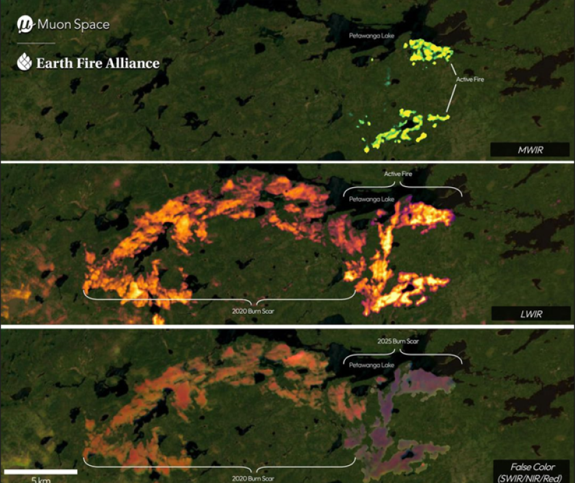FireSat captures the Nipigon 6 wildfire in Ontario, Canada, on June 15, 2025, using multiple infrared views layered over a Google Earth basemap.