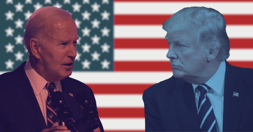 artistic rendering of biden and trump facing off in front of an american flag