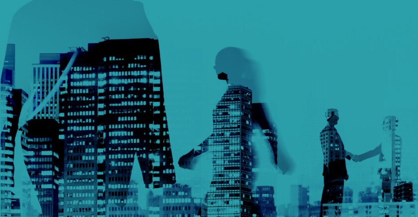 Silhouettes of people walking and shaking hands over a city skyline.