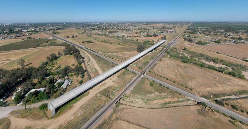 Aerial view of a portion of train tracks in California.