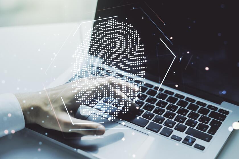 Multi exposure of abstract creative fingerprint illustration with hands typing on computer keyboard on background, digital access concept