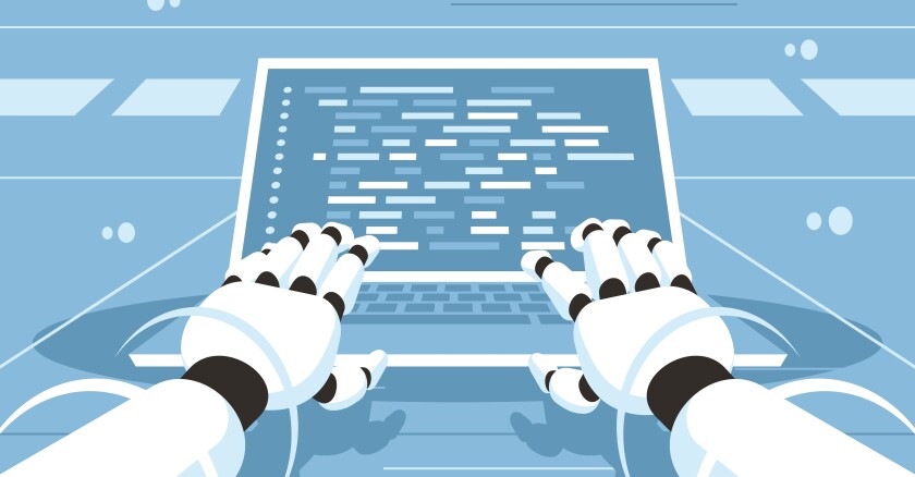 Illustration of two white robotic arms typing on a laptop. Light blue background.