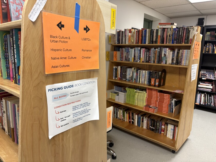 Prison Book Program room with shelves of books and a sign indicating where to find different genres.