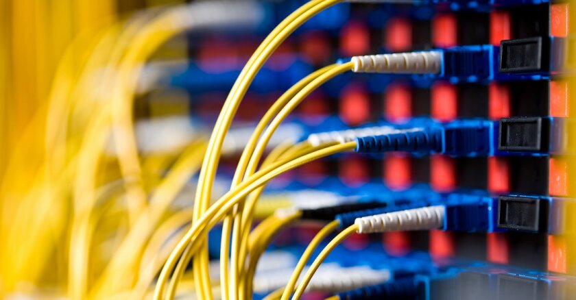 Closeup of yellow broadband cables with blue plugs plugged into a board.
