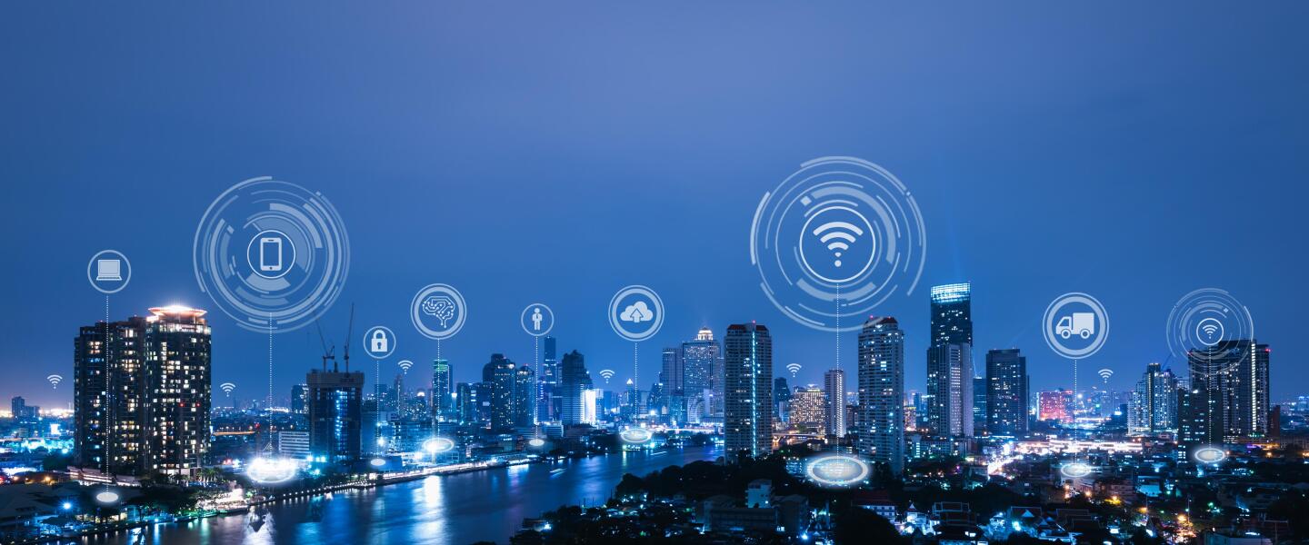 Cityscape with connecting dot technology of smart city conceptual