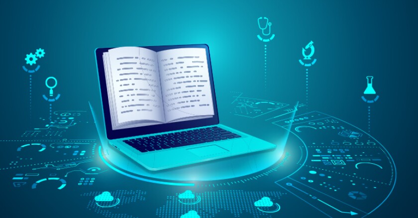 A laptop surrounded by digital icons on a blue background.