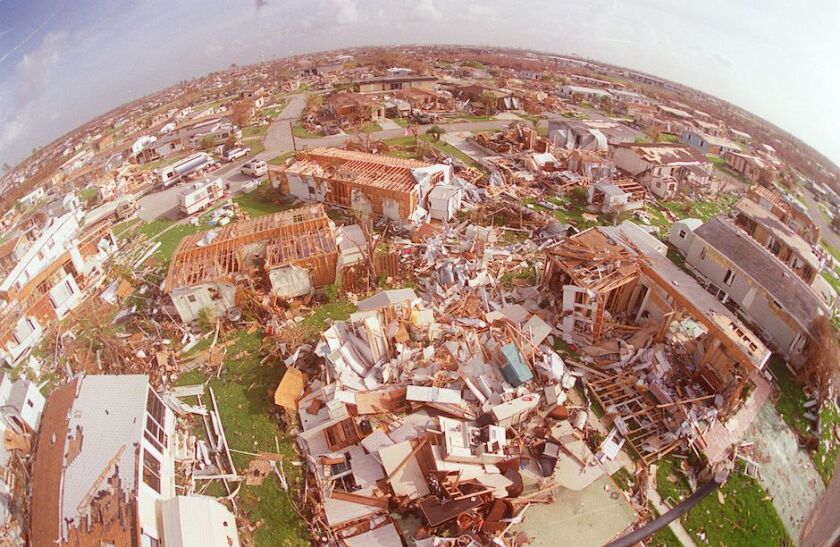 Aerial image of destruction caused by Hurricane Andrew in 2012.