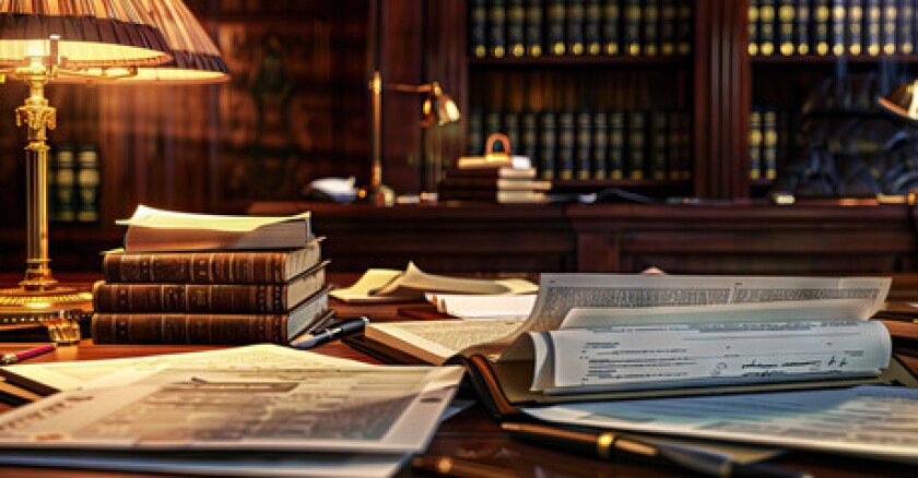 Stacks of papers and books on a desk.