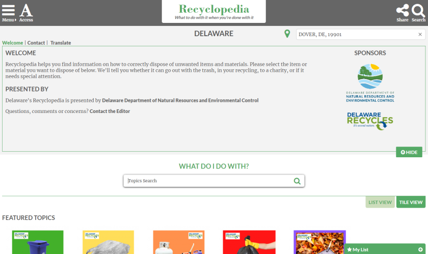 Screenshot of Recyclopedia, the Delaware Department of Natural Resources and Environmental Control’s platform for the state’s recycling information.