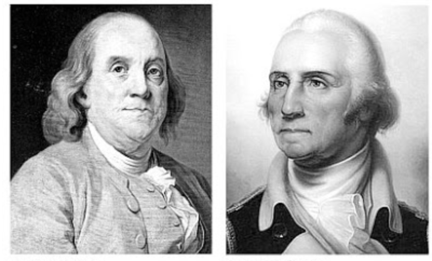 Side-by-side black and white drawings of Benjamin Franklin and George Washington.