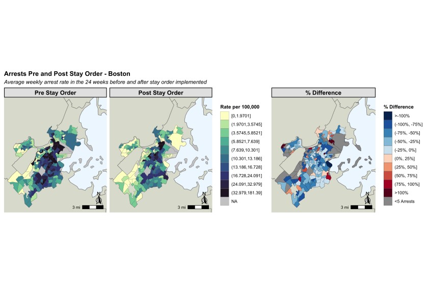 heat map showing arrest rates in various Boston neighborhoods pre- and post-COVID stay-at-home orders