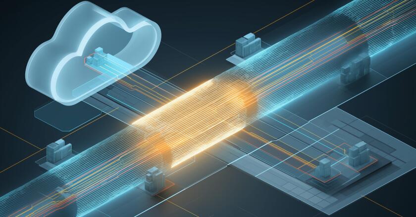 A could icon in light blue connected to a layout of a pipeline, also in blue but with one section illuminated yellow. Dark background.