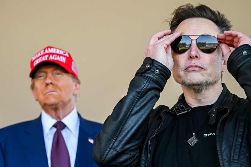 U.S. President-elect Donald Trump and Elon Musk watch the launch of the sixth test flight of the SpaceX Starship rocket on Nov. 19, 2024, in Brownsville, Texas.