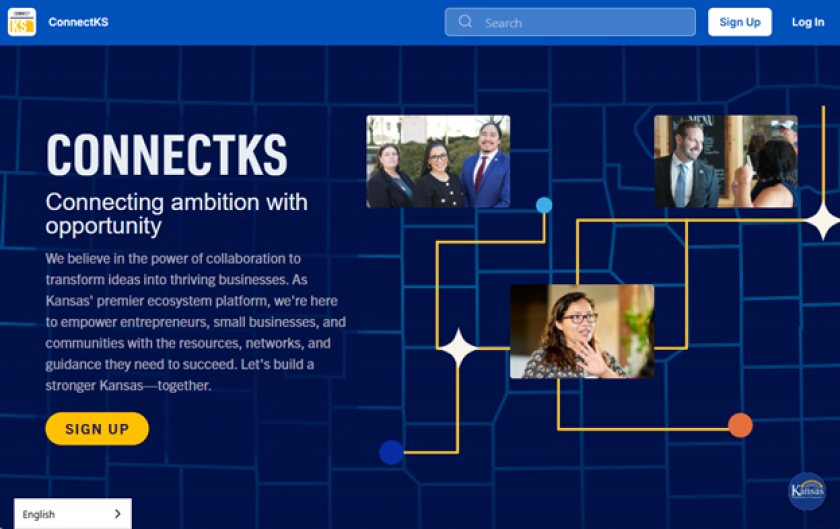 Screenshot of ConnectKS homepage. It's a digital platform connecting small businesses to the resources they need to succeed. Users can search, sign up, or toggle language. Pictures of humans populate the right side of the page.
