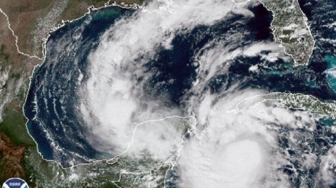 A satellite image of Hurricane Delta approaching the Gulf Coast.