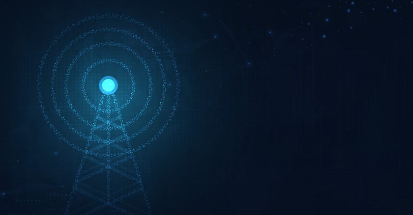 Illustration of a telecommunications signal tower in bright cyan blue against a very dark blue background.