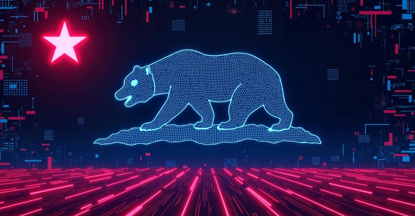 A digital rendering of the state of California flag showing the bear in bright cyan blue and the star in bright pink, as well as a data highway in pink.