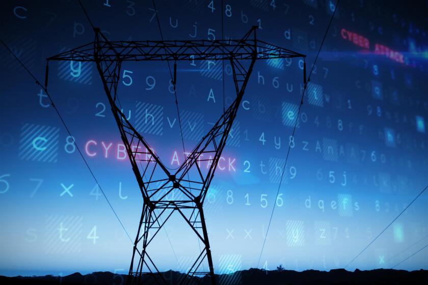 Rows of data points in blue with the word "cyber attack" among them in red, double exposed over the silhouette of an electricity pylon just after sunset.