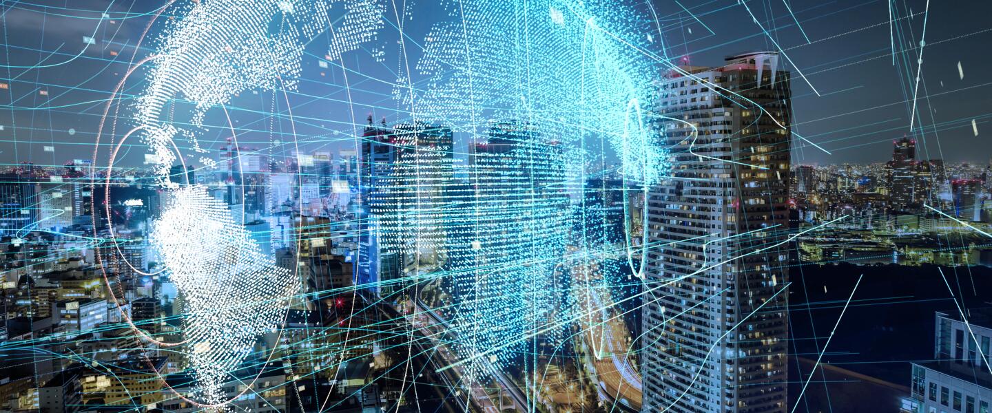 Modern city skyline and global communication concept.