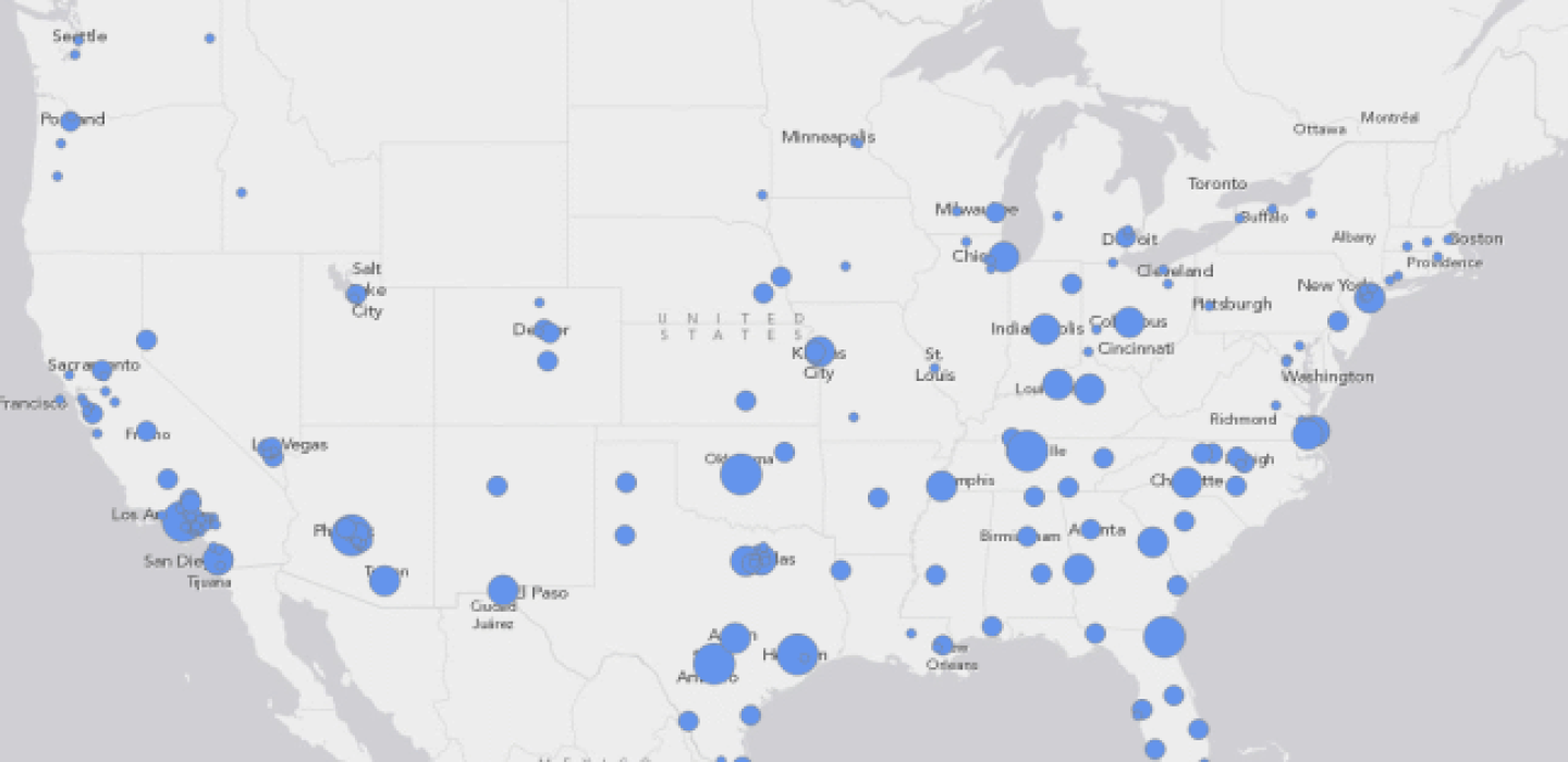 Land Area for U.S. Cities Map
