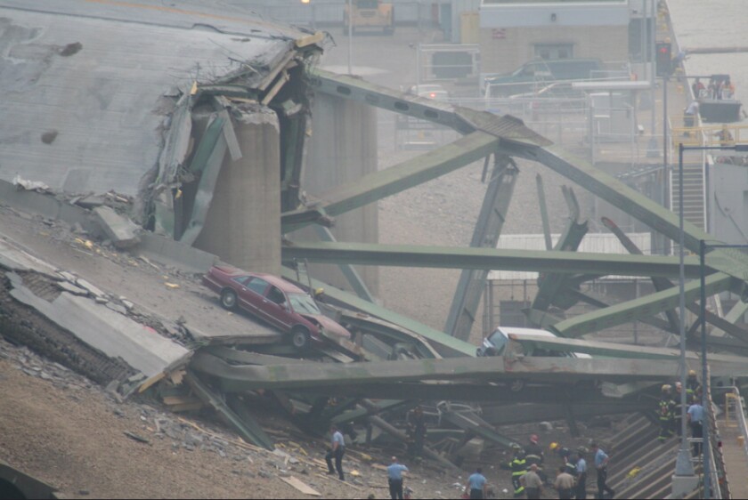 The collapsed Interstate 35W Mississippi River Bridge in Minneapolis.