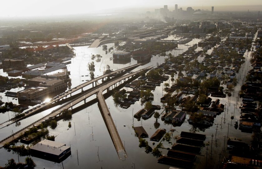 Aerial view of damage from Hurricane Katrina looking toward downtown New Orleans.
