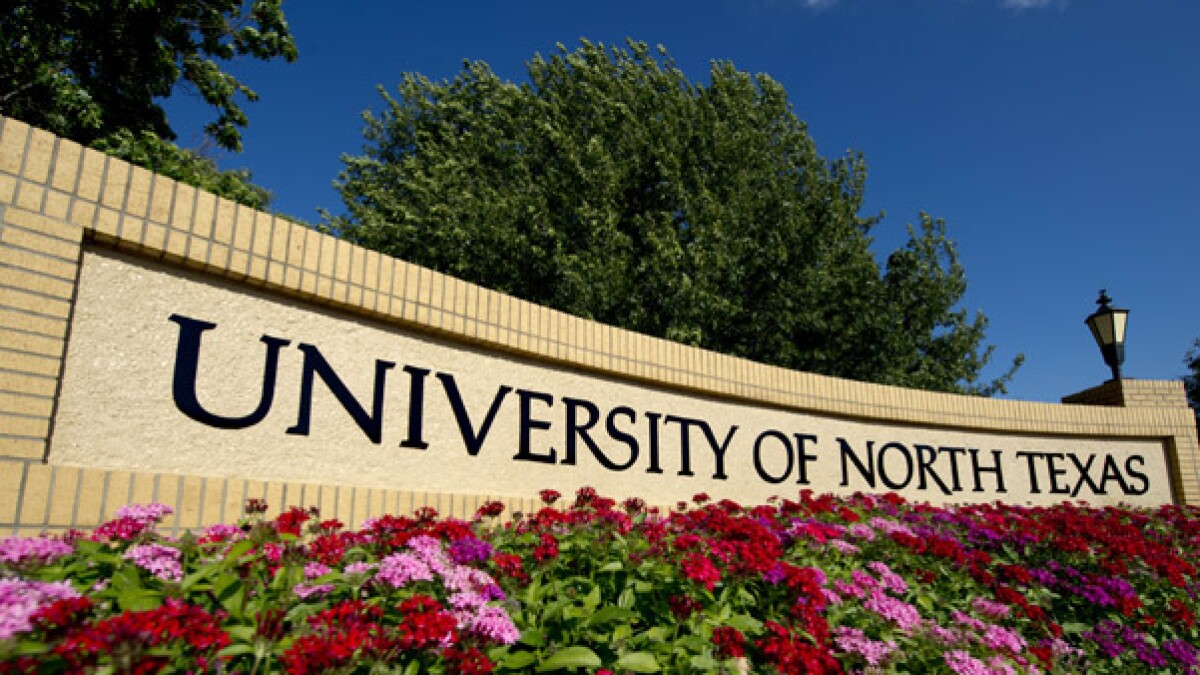 University of North Texas campus in Denton, Texas with flowering trees and green spaces