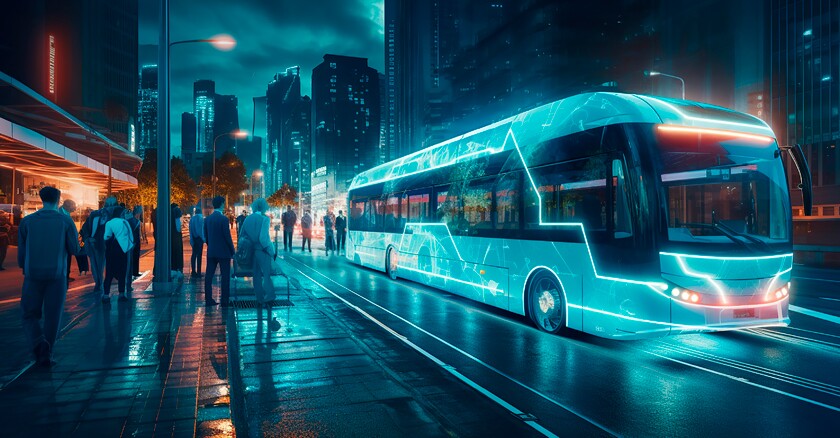 Illustration of an electrified bus pulling up at a city curb