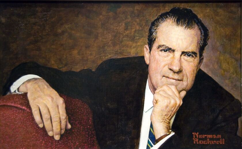 A painting by Normal Rockwell of Richard Nixon sitting in a chair with one hand holding his chin and the other arm resting along the back of the chair.
