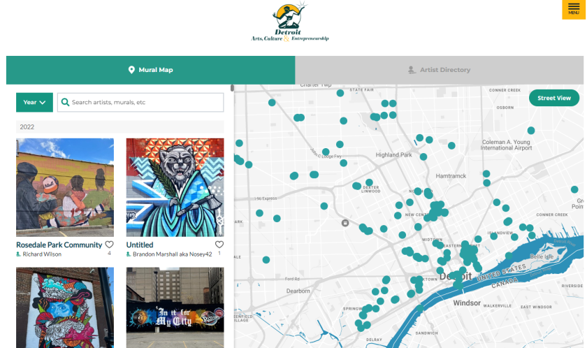Screenshot of Detroit’s mural map, which can be found on the city’s Office of Arts, Culture and Entrepreneurship website and is powered by CANVS technology.