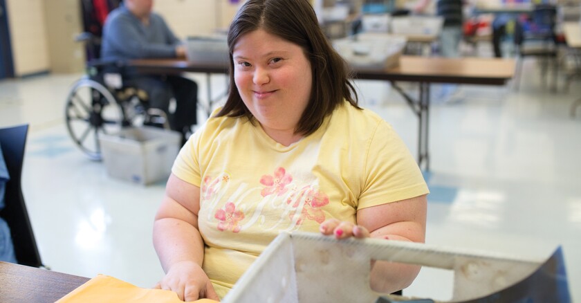 Amanda Andreavich and many of the other people at the Elwyn center in Wilmington, Del., work both in integrated jobs and at sheltered workshops.