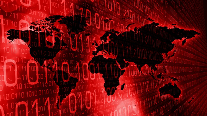 binary code over a world map with red background
