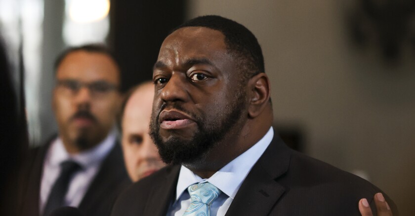 State Sen. Emil Jones III talks to reporters in the lobby after his bribery trial ended in a mistrial at the Dirksen U.S. Courthouse on April 24, 2025. (Eileen T. Meslar/Chicago Tribune)
