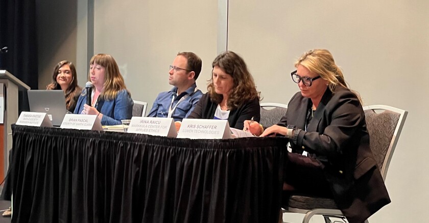 From left: Leila Doty, privacy and AI analyst in the San Jose IT Department; Tamara Kneese, director of a new climate and justice program at the Data and Society Research Institute; Brian Pascal, policy adviser for District 5 in Santa Clara County; Irina Raicu, director of the Internet Ethics Program at the Markkula Center for Applied Ethics at Santa Clara University; and Kris Schaffer, a technology strategist at Lumen Technologies, speaking on the panel “Social Impact: A.I. and the Environment” at the GovAI Coalition Summit in San Jose.
