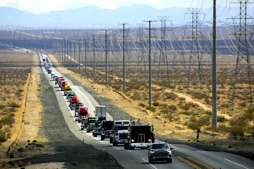 California truckers head out across Hwy 395 to join a “People’s Convoy” to Washington, D.C.