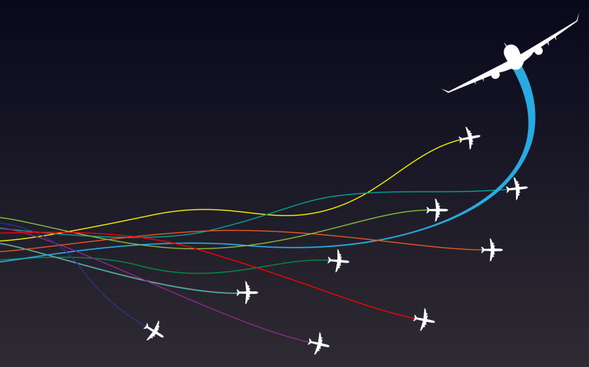 Illustration of multiple passenger jets with different colored jet trails.