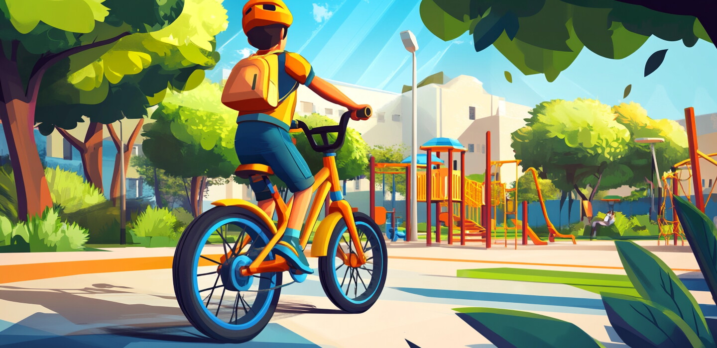 Next-generation kids electric bike in a sunny park. Clean composition and bright colors emphasize a safe urban environment. Concept of smart city
