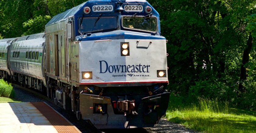 The Downeaster train coming into a station in Maine