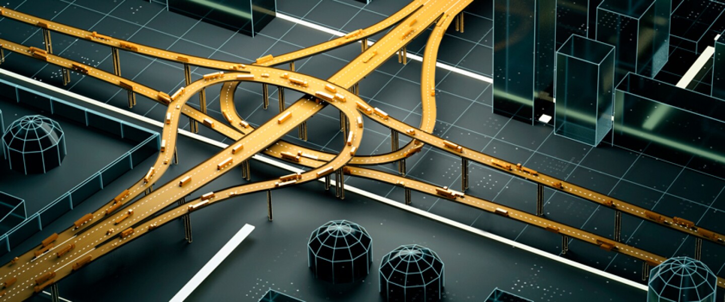 futuristic illustration of yellow roadways in a black city