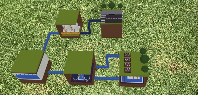 Image shows a Culver City stormwater project in augmented reality over grass.